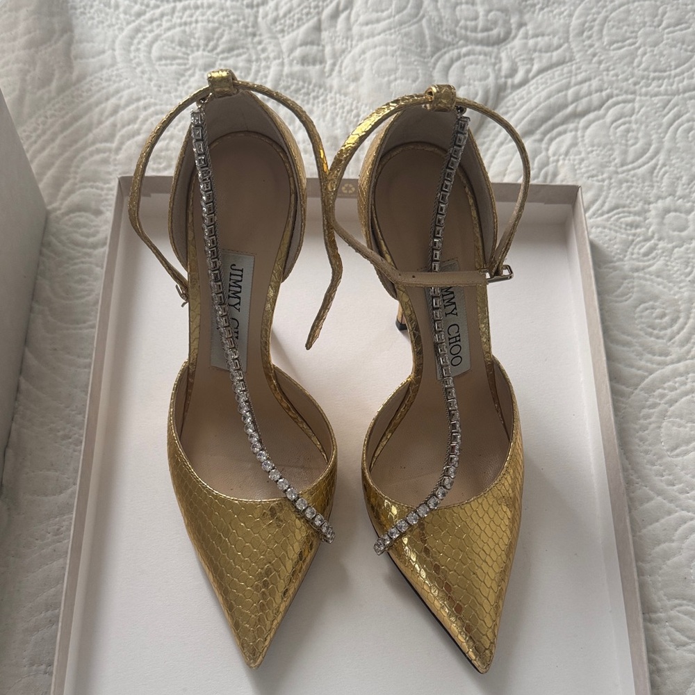 Jimmy Choo Gold Snakeskin (embossed)Heels with Crystal Accents